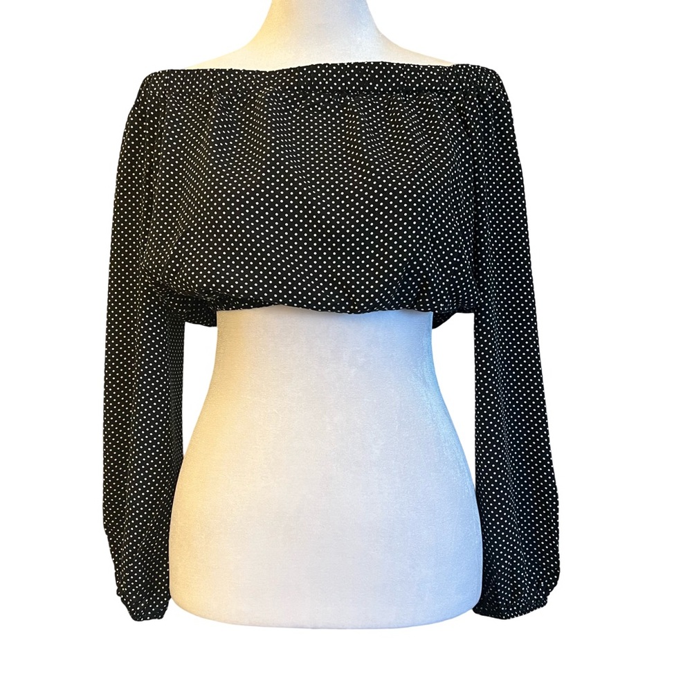 BCBGeneration Crop Top off the shoulder polka dot blouse long sleeve shirt XXS